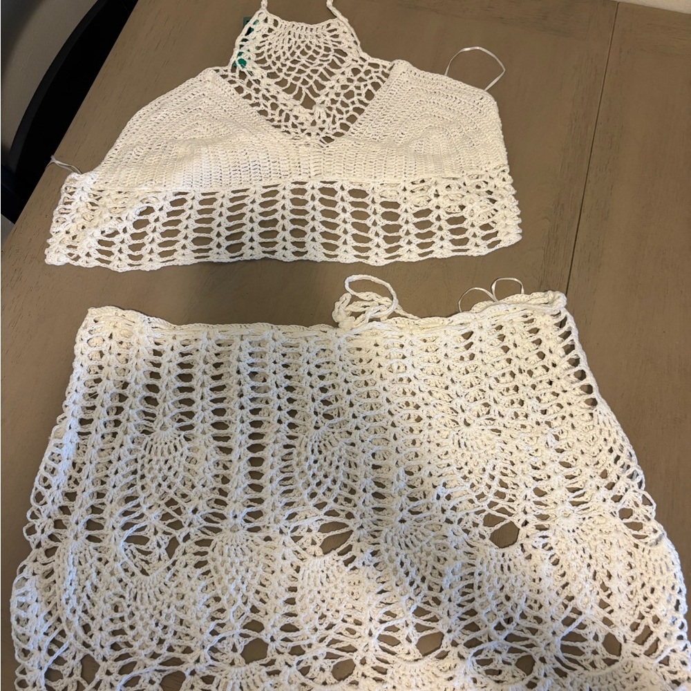 White Crochet Halter Top and Skirt Set